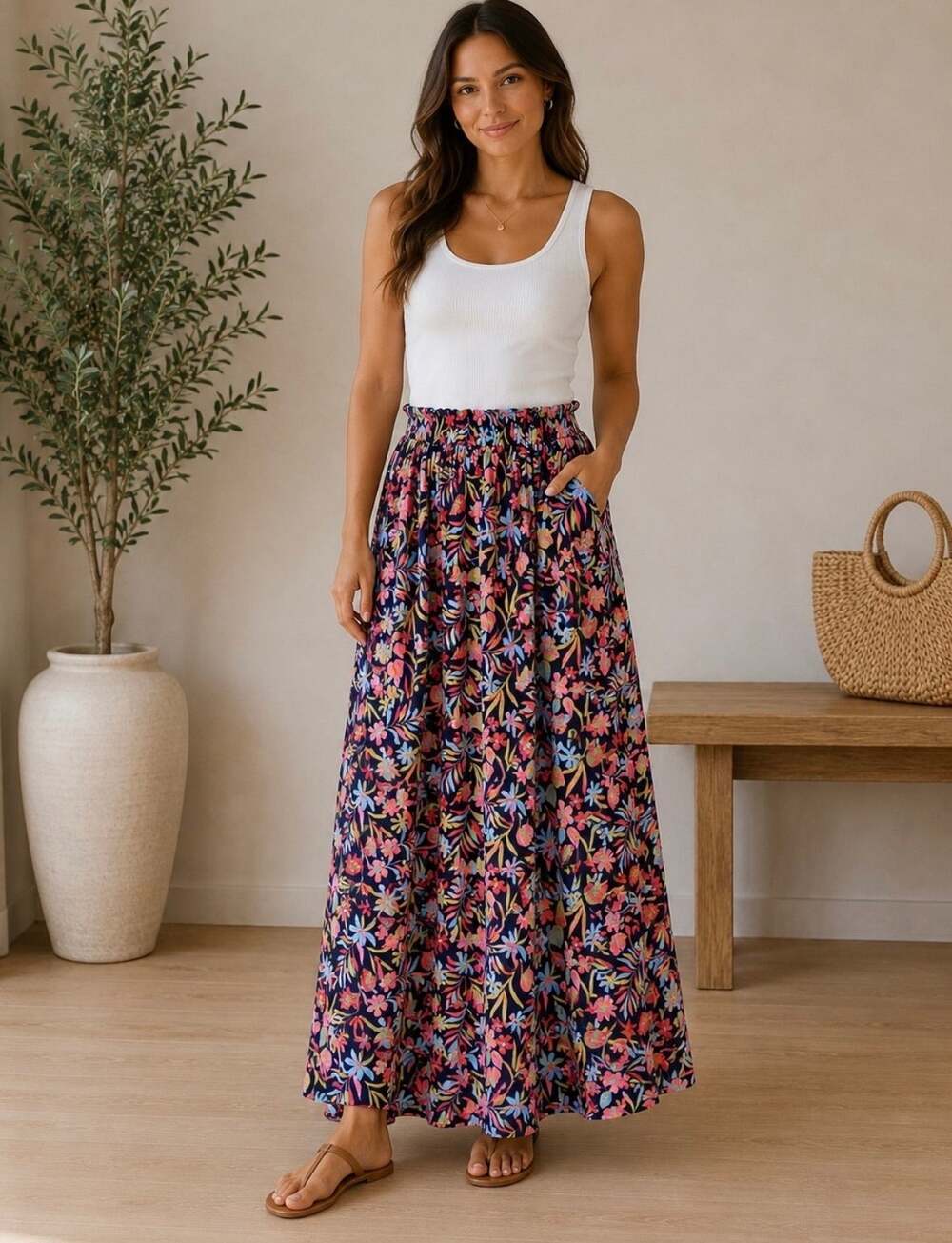 Boden Wildflower Floral Maxi Skirt Size 6 Petite Navy Blue Cottage Botanical